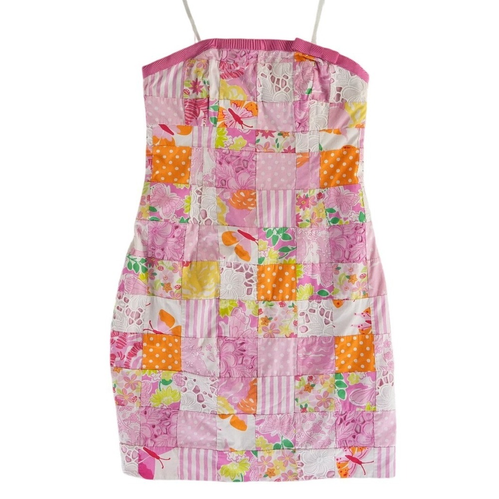 Lilly Pulitzer Dress Women's Size 0 Pink Orange Patchwork Floral Strapless‎ Mini - Picture 2 of 6